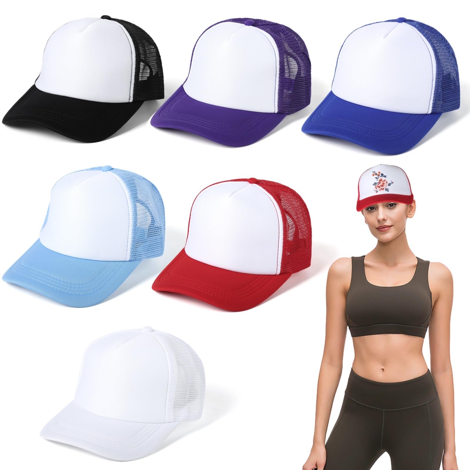 6 Stück Trucker Caps mit Sublimationsrohling, Mesh-Polyester-Baseballcaps, verstellbare Unisex Mesh Baseball Snapback Caps, Outdoor-Trucker-Mesh-Caps für Damen und Herren, zum Selbergestalten