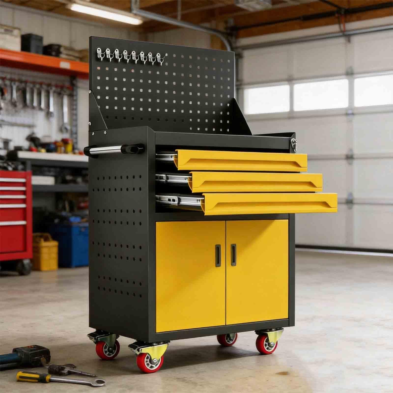 Carrello Portautensili Robusto in Acciaio – Carrello di Servizio in Metallo con Cassetto con Serratura e Pannelli Forati Laterali – Ideale per officine di riparazione(Yellow,3-Tier)