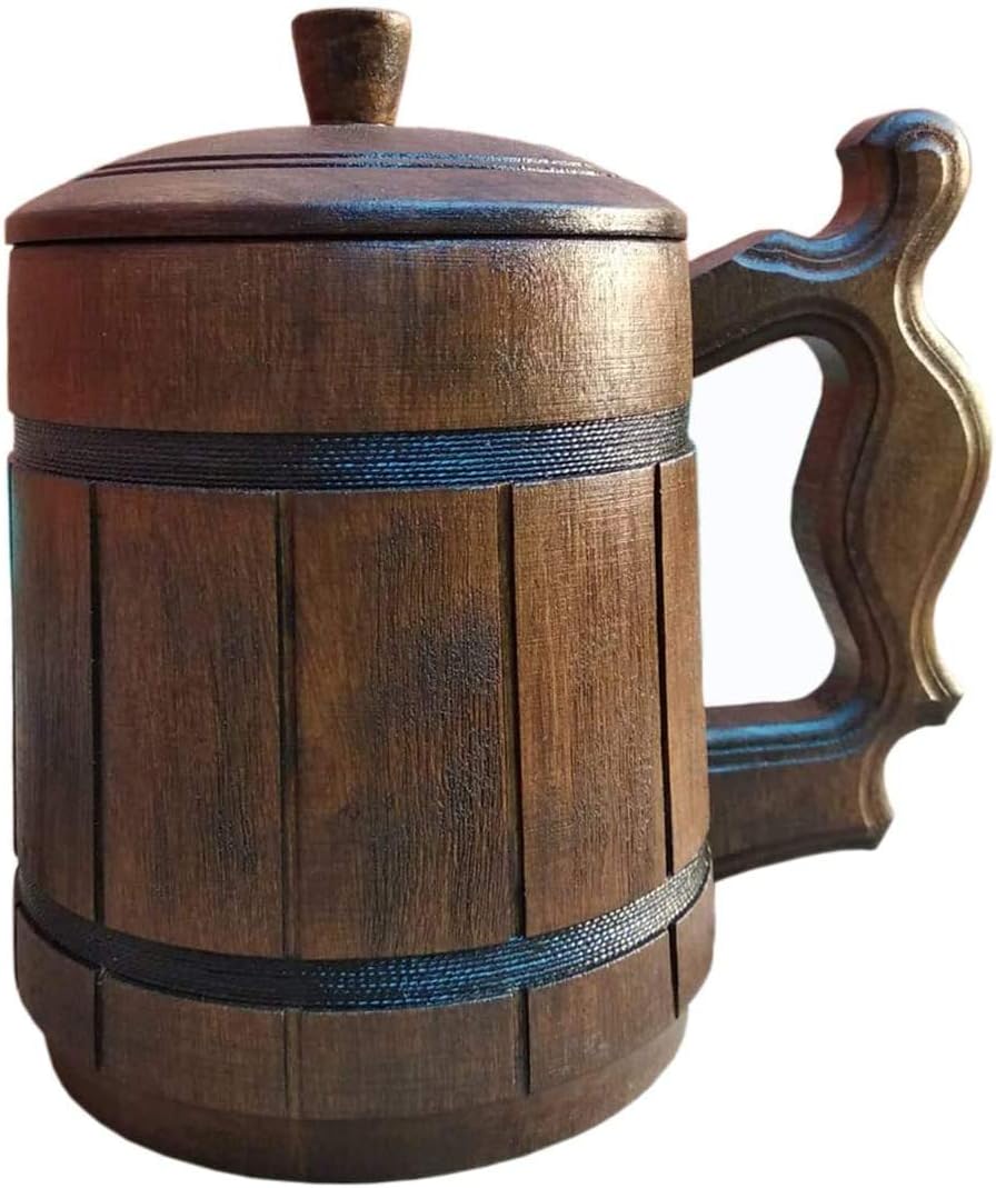 Taza de cerveza de madera hecha a mano con tapa. Capacidad 20 oz (20.3 fl oz). Taza de cerveza de madera ecológica - Taza de cerveza de madera con
