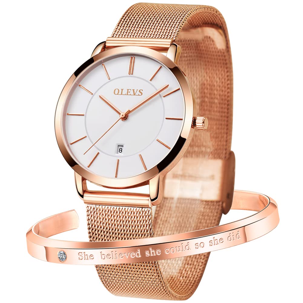 OLEVSWomens Watch Gifts Set with Bracelet Rose Gold for Lady Female Minimalist Simple Slim Thin Casual Dress Analog Quartz Wrist Watches Waterproof Two Tone