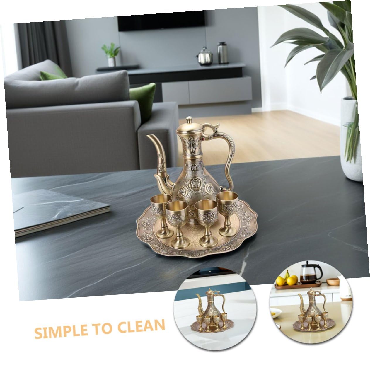 Vino Vintage in Metallo Bronzo Antico con Caraffa Bicchieri e Vassoio Resistente Design Inciso Floreale per Casa Bar Feste ed Eventi Eleganti