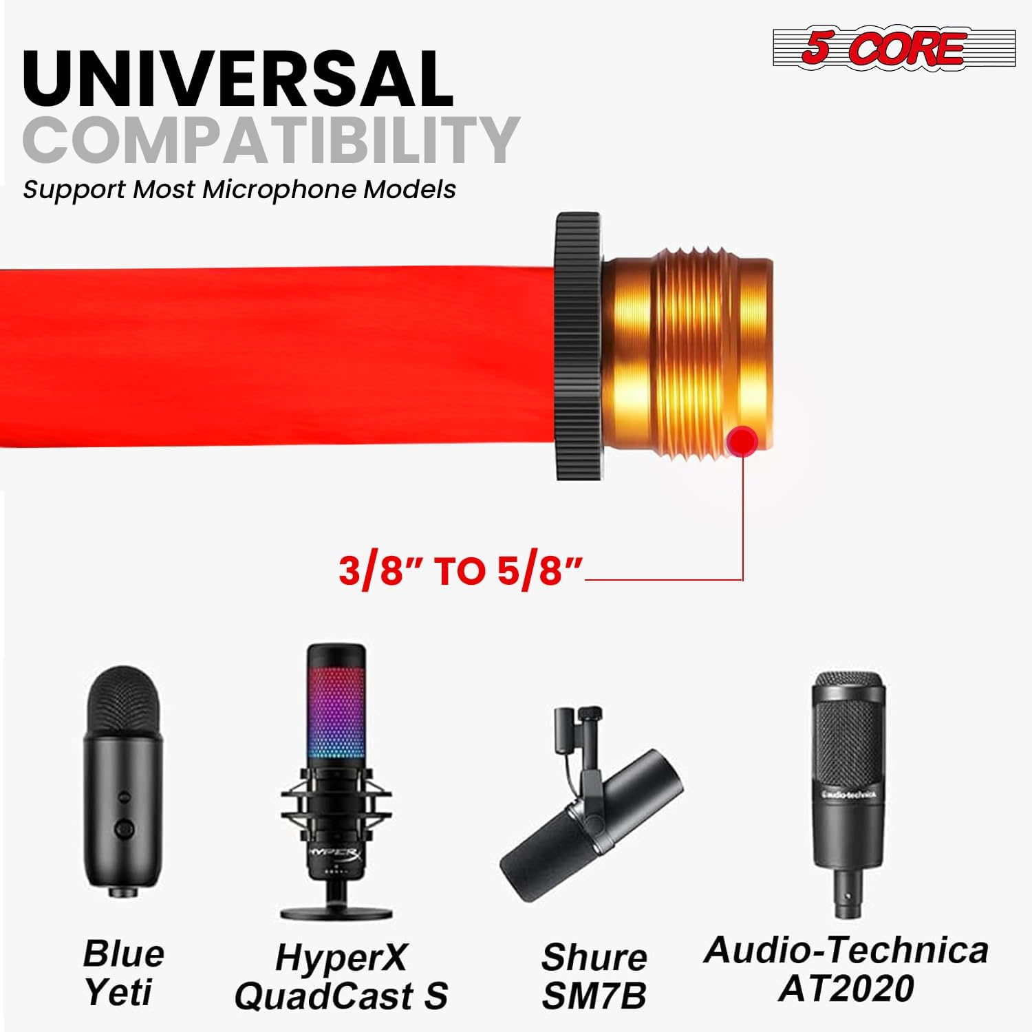 5 Core Microphone Stand Floor 4Pcs Tripod Boom Arm Mic Stand Height Adjustable with Mic Clips 3/8" to 5/8" Adapter for Singing Podcast Stage Red - MS 080 RED 4PC