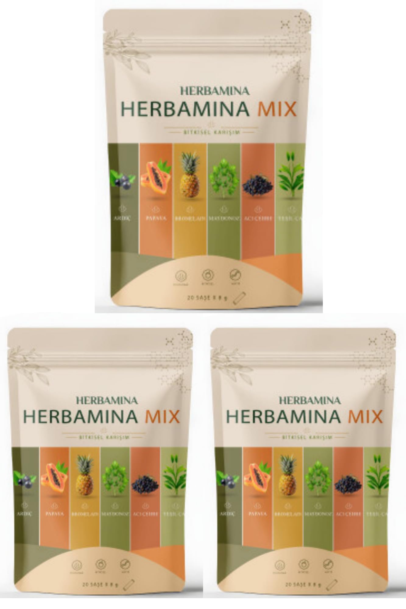 Herbamina Mixed Herbal Tea Powder 3 Pack – 20 Sachets (8 g x 20) Each – Natural Herbal Tea Blend – Total 60 Sachets / 480 g