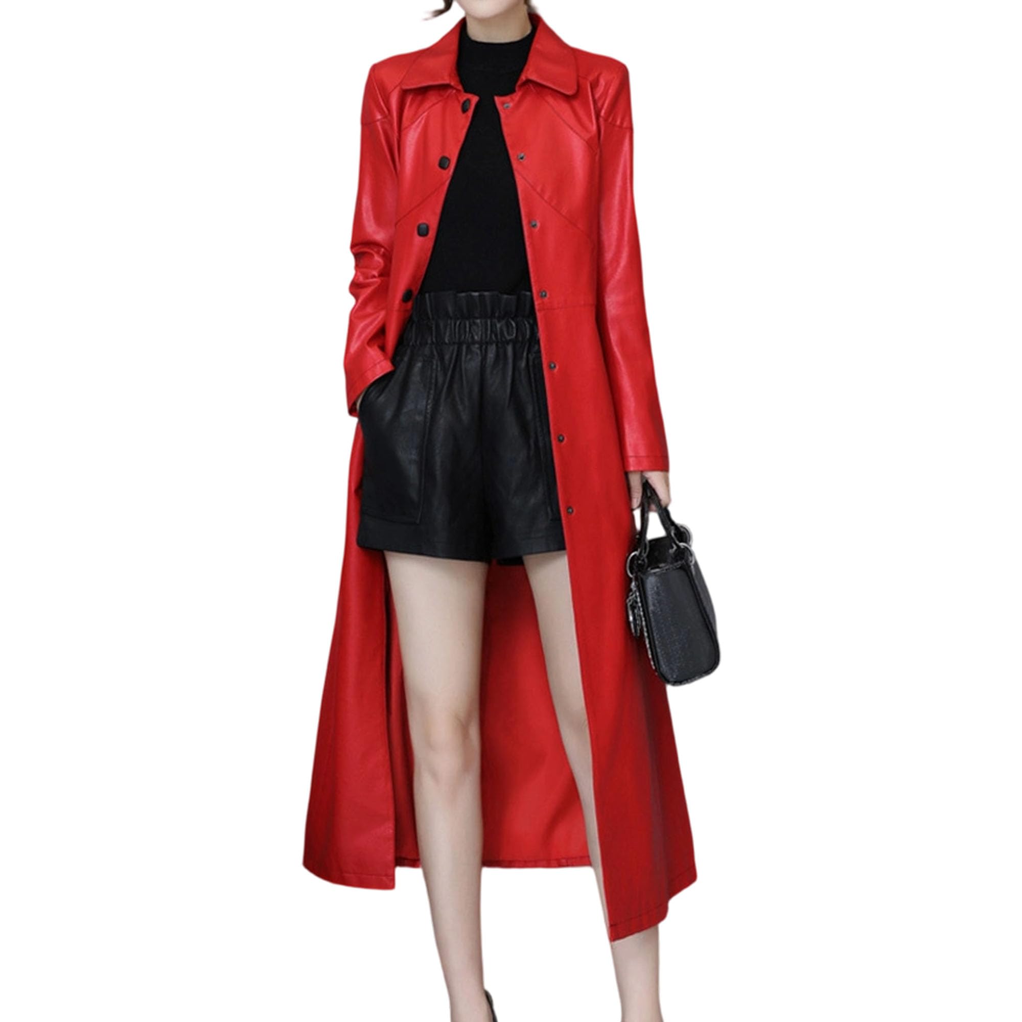 Cappotto lungo da donna in ecopelle con cintura, giacca esterna alla moda