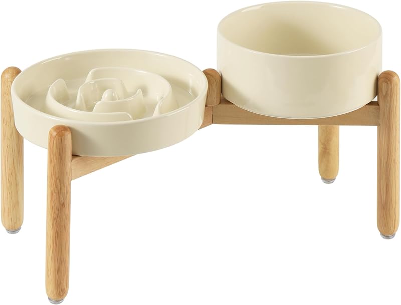Comedouro lento elevado de cerâmica para cães Havniva com suporte de madeira – Conjunto com 2