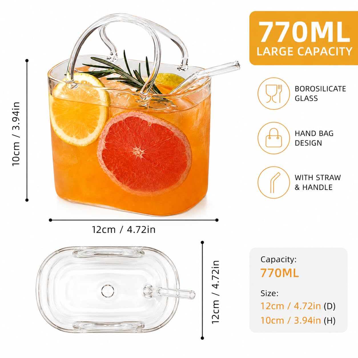 Cocktailgläser in Handtaschenform mit Strohhalm, 770 ml, Borosilikat-Trinkbecher für Cocktails, Saft, Eistee & Partygetränke, 2 Stück