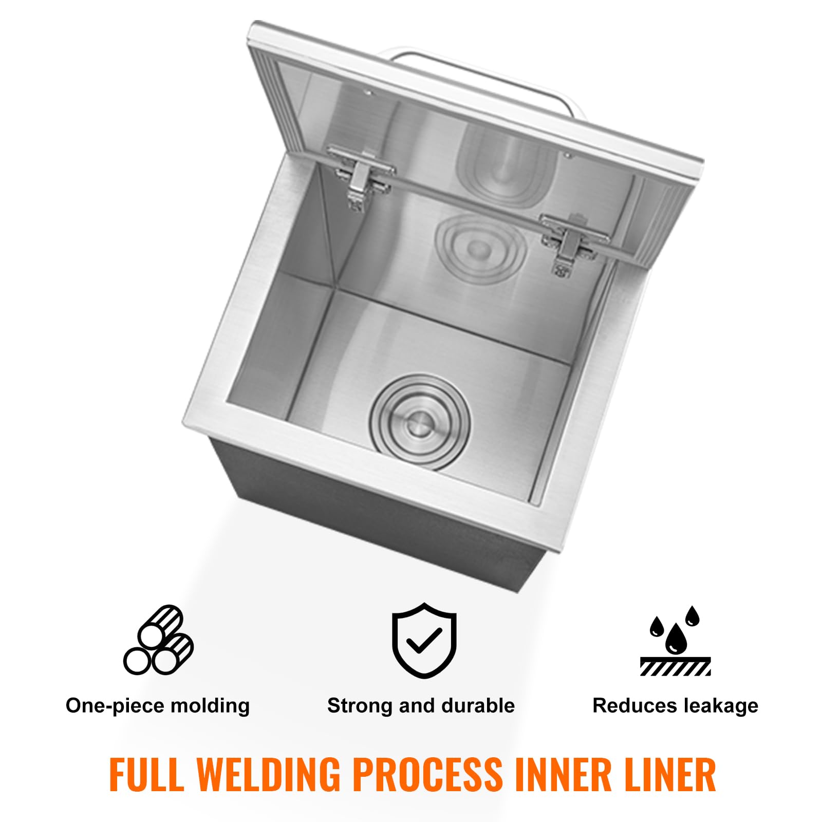 VEVOR Cofre de Hielo, 355 mm de Largo x 305 mm de Ancho x 461 mm de Alto, Enfriador de Hielo de Acero Inoxidable, Contenedor de Hielo Comercial con Cubierta con Bisagras, Aleación de Aluminio de Mango