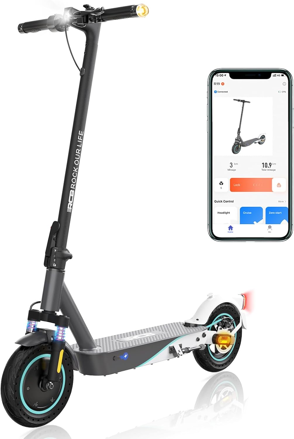 RCB R19 Electric Scooter with a smartphone displaying the control app