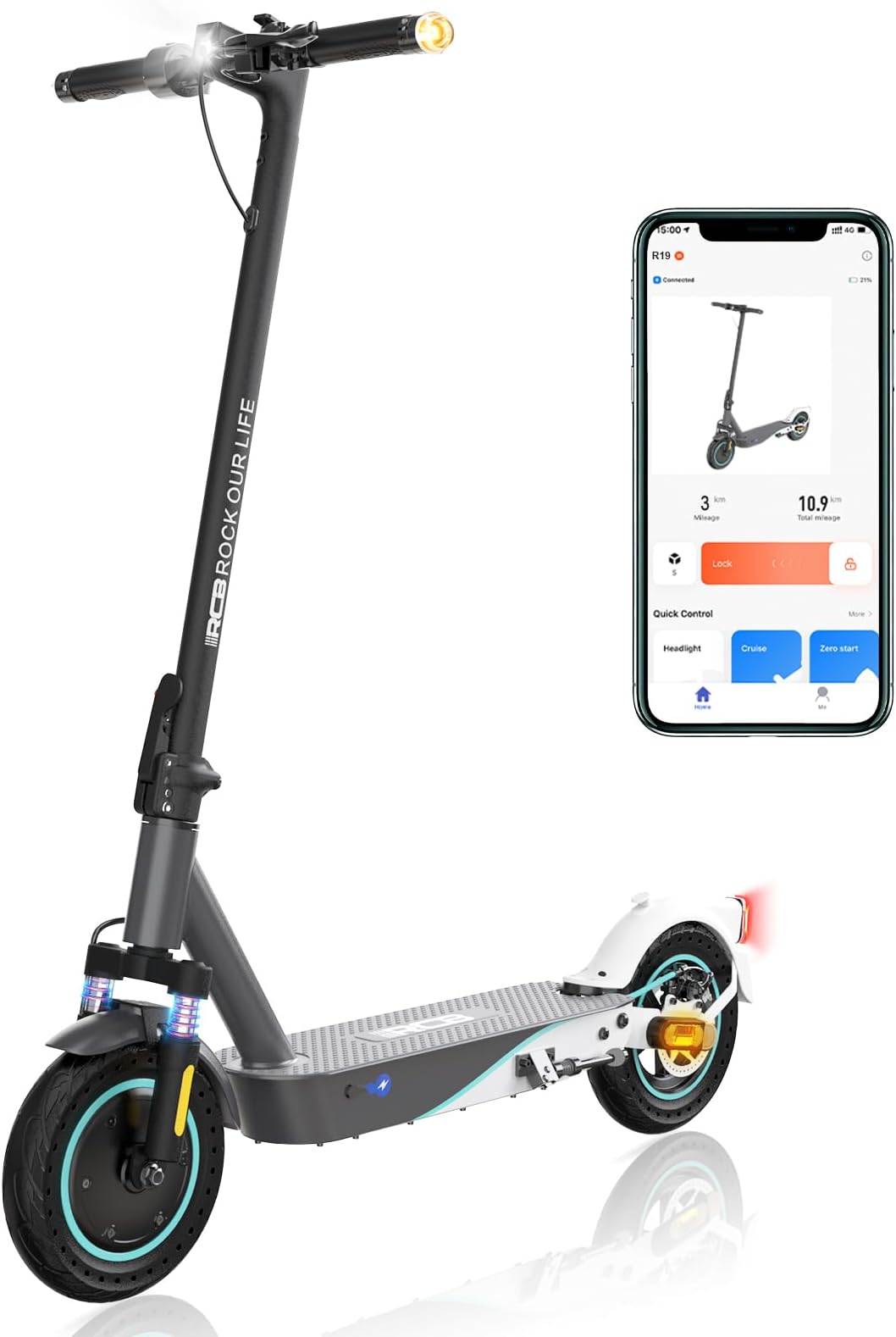 RCB Electric Scooters Adults, Max 25 km/h, 300W-500W Motor, 7.8-11.4AH Battery, 8.5''-10'' Solid Tires, APP Control, Max Load 120 kg, 3 Speed Settings Foldable, Double Brake, Double Shock Absorbers