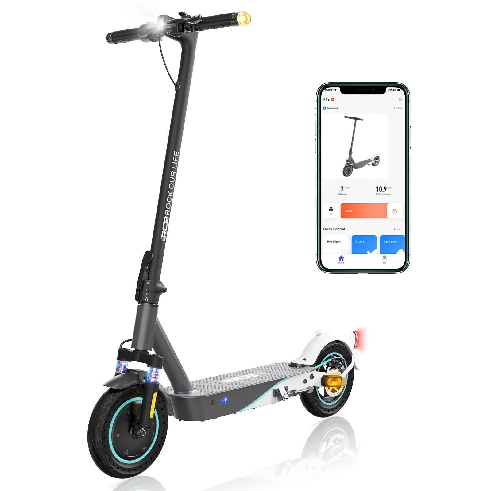 RCB Electric Scooter, Max 25 km/h, 300W-500W Motor, 7.8-11.4AH Battery, 8.5''-10'' Solid Tires, APP Control, Max Load 120 kg, 3 Speed Settings Foldable, Double Brake, Double Shock Absorbers