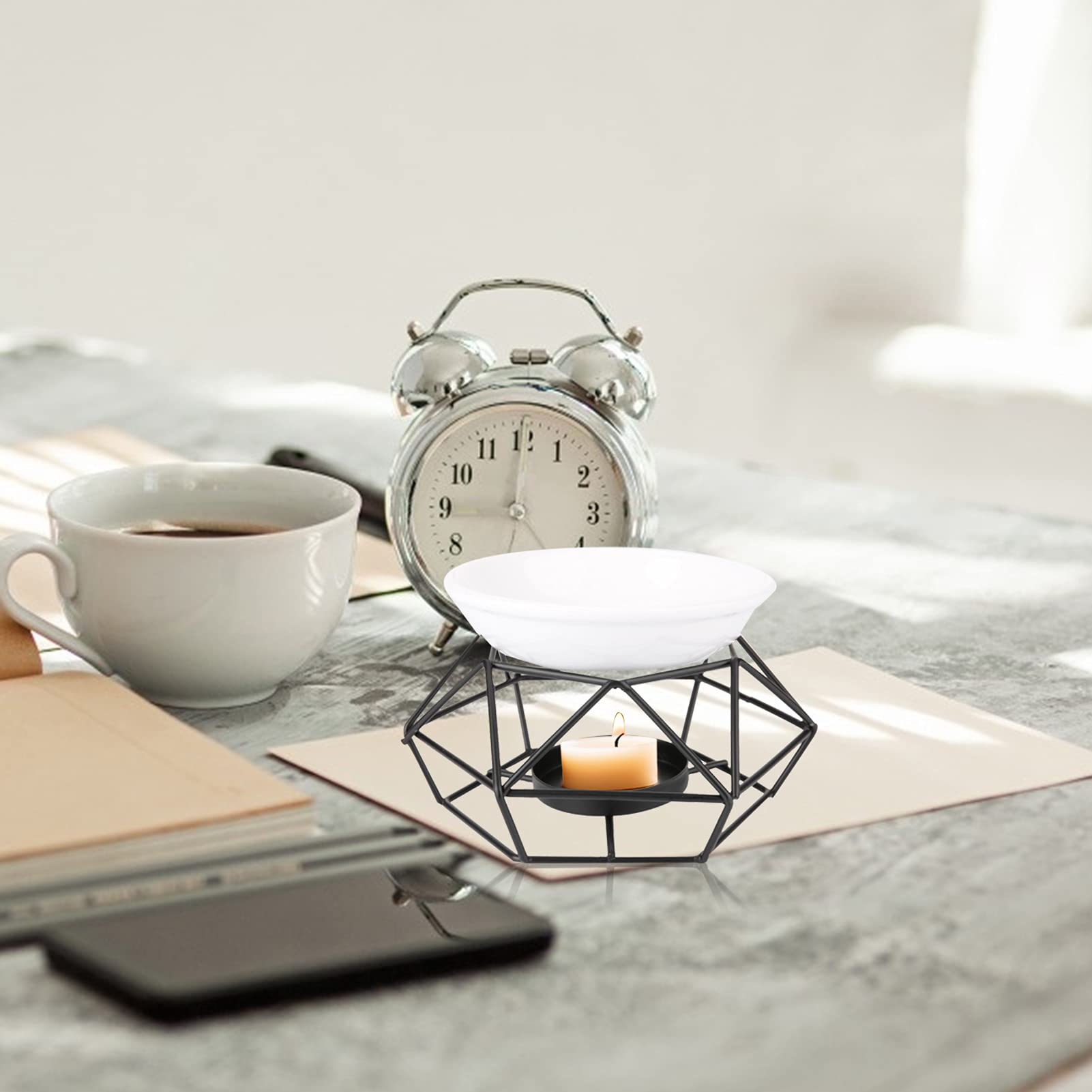 Palnik olejowy, geometryczny żelazny stojak i ceramiczna miska palnik do wosku aromatycznego, dekoracja domu jako palnik olejków eterycznych lub jako świecznik na podgrzewacze