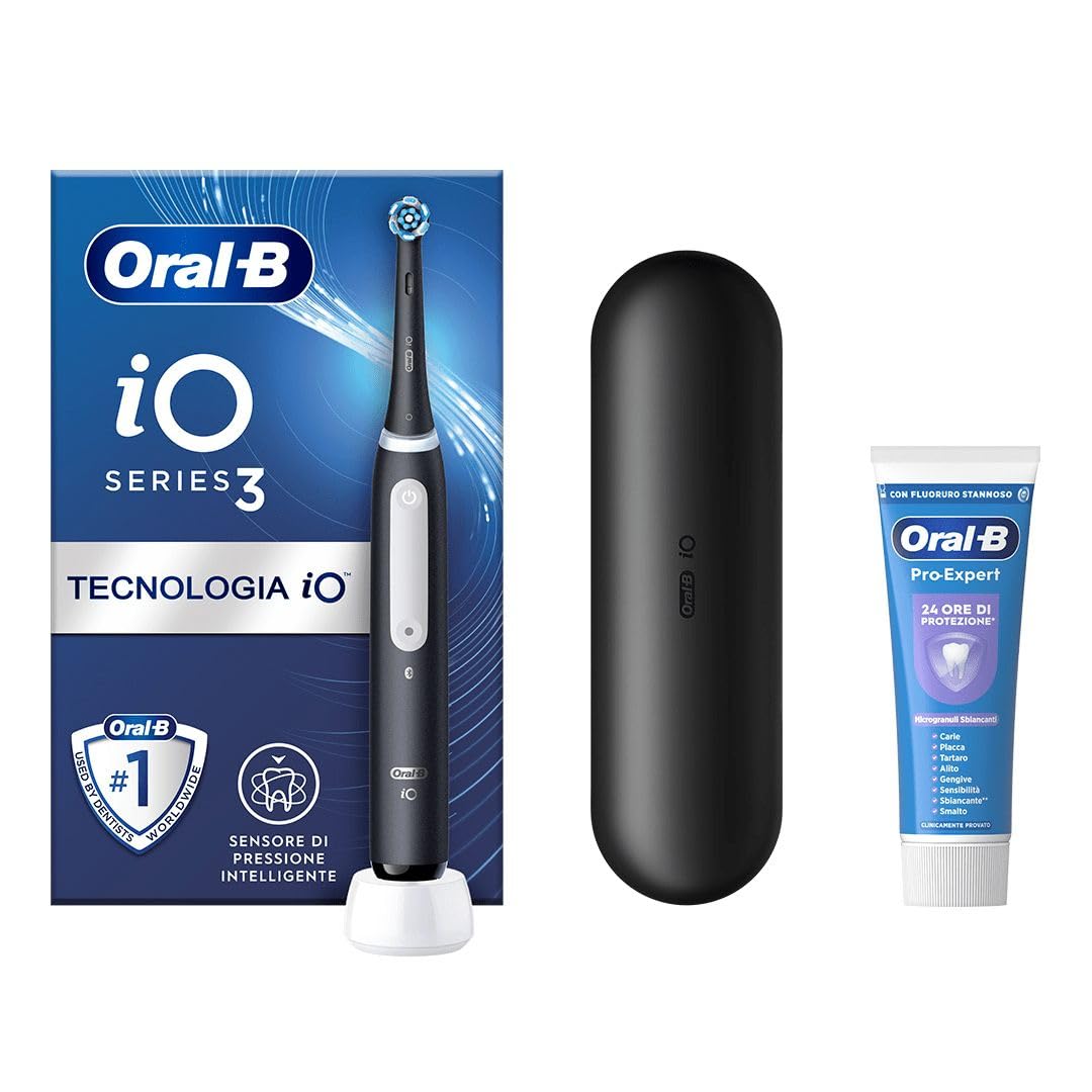 Oral-B Spazzolino Elettrico Ricaricabile iO 3 Nero, 1 Spazzolino Elettrico, 1 Testina Di Ricambio, Custodia Da Viaggio + Dentifricio Oral-B Pro-Expert Sbiancante Delicato, Pulizia Denti