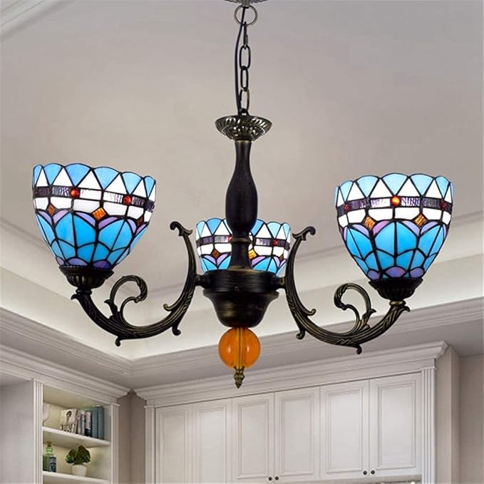 OSCCAR Tiffany Style 3-Light Kroonluchter, Slaapkamer Restaurant Foyer Plafond Hanglamp, Antiek Blauw Gebrandschilderd Glas Omgekeerde Schaduw Hanglamp photo 2