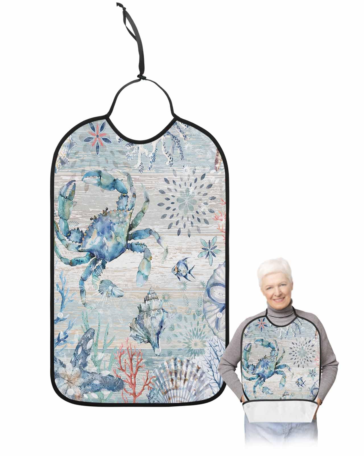 LEOKOTI Coastal Crab Adult Bibs for Eating, Waterproof Bibs with Food Catcher & Snap Closure, Nautical Summer Beach Starfish Coral Vintage Washable Clothing Protectors Adult Bibs for Elderly