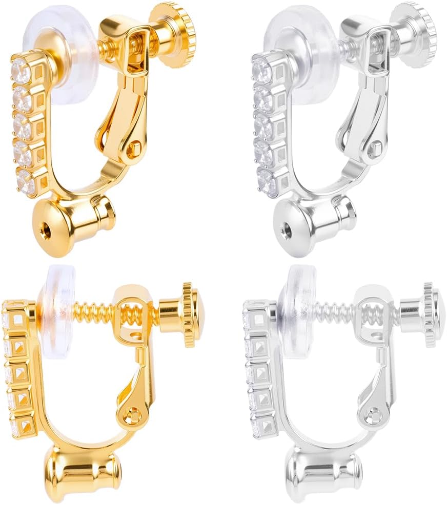 Beebeecraft 12Pcs 2 Colors Clip-on Earring Findings Screw Back 18K Gold & Sterling Silver Plated Cubic Zirconia Clip on Earring Converters Components with 20Pcs Ear Pads for Non-Pierced Ears Women