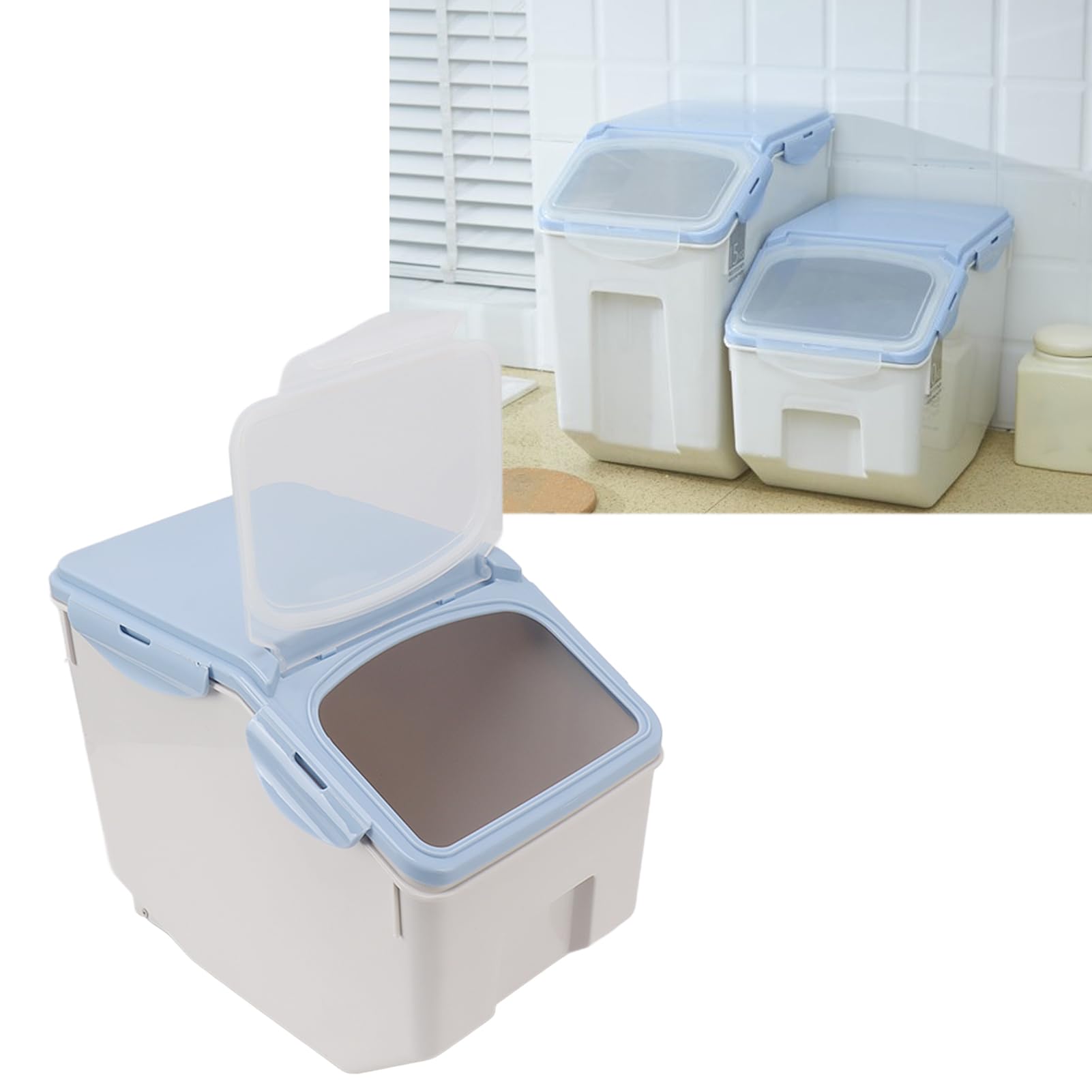 Reiskorn-Aufbewahrungsbehälter, großer Lebensmittel-Aufbewahrungsbehälter mit Becherdichtungs-Design zur Aufbewahrung von Mehl, Zucker, Backzubehör (Blue 15KG)