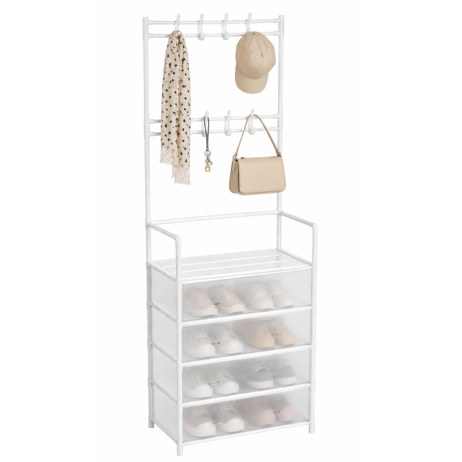 GREENSAPPIRE 5-Tier Coat Rack with Shoe Rack 8 Hooks Hallway Storage White