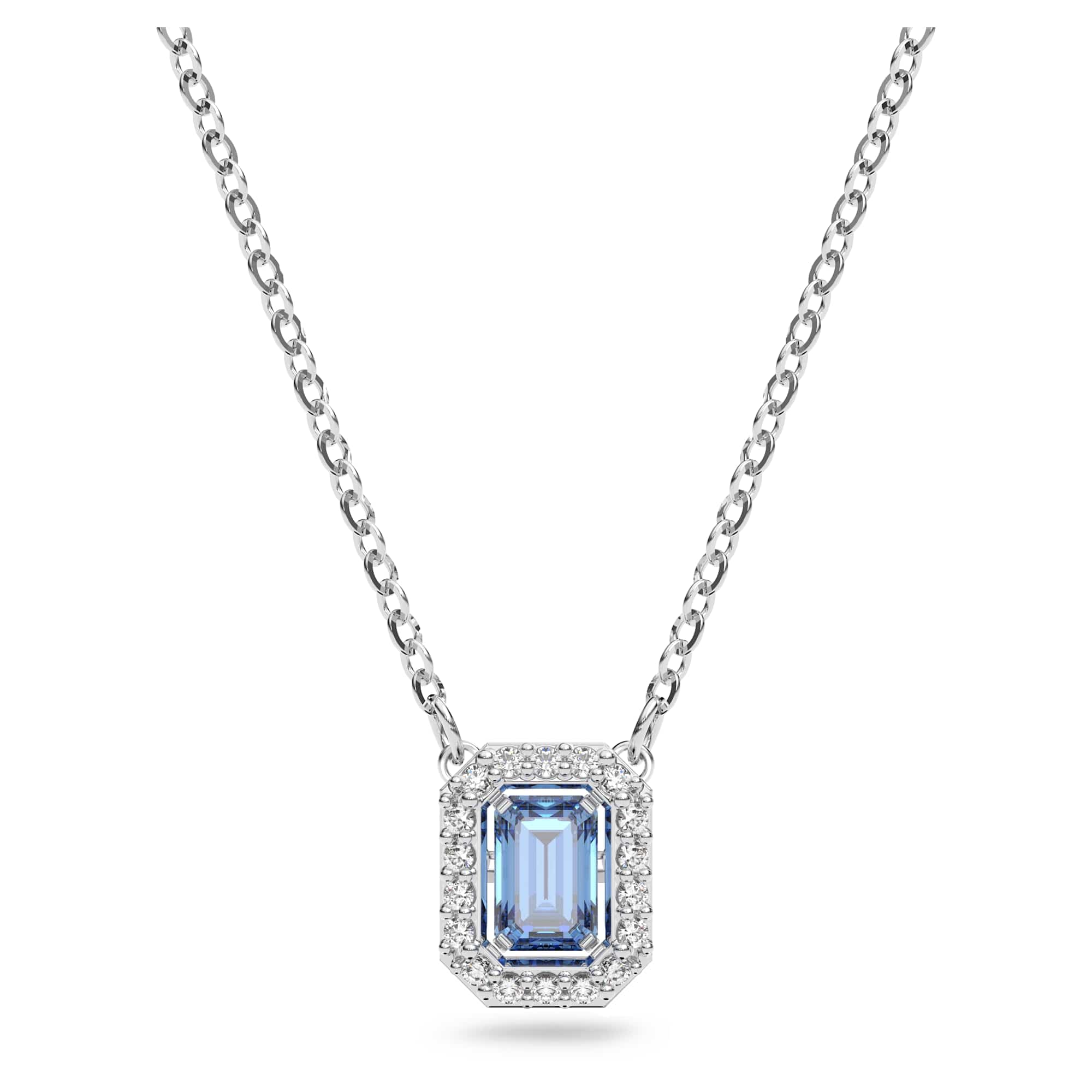 Swarovski Millenia Pendant Necklace with Blue Octagon-Cut Crystal and White Crystal Frame, on a Rhodium Finish Chain, Part of the Millenia Collection