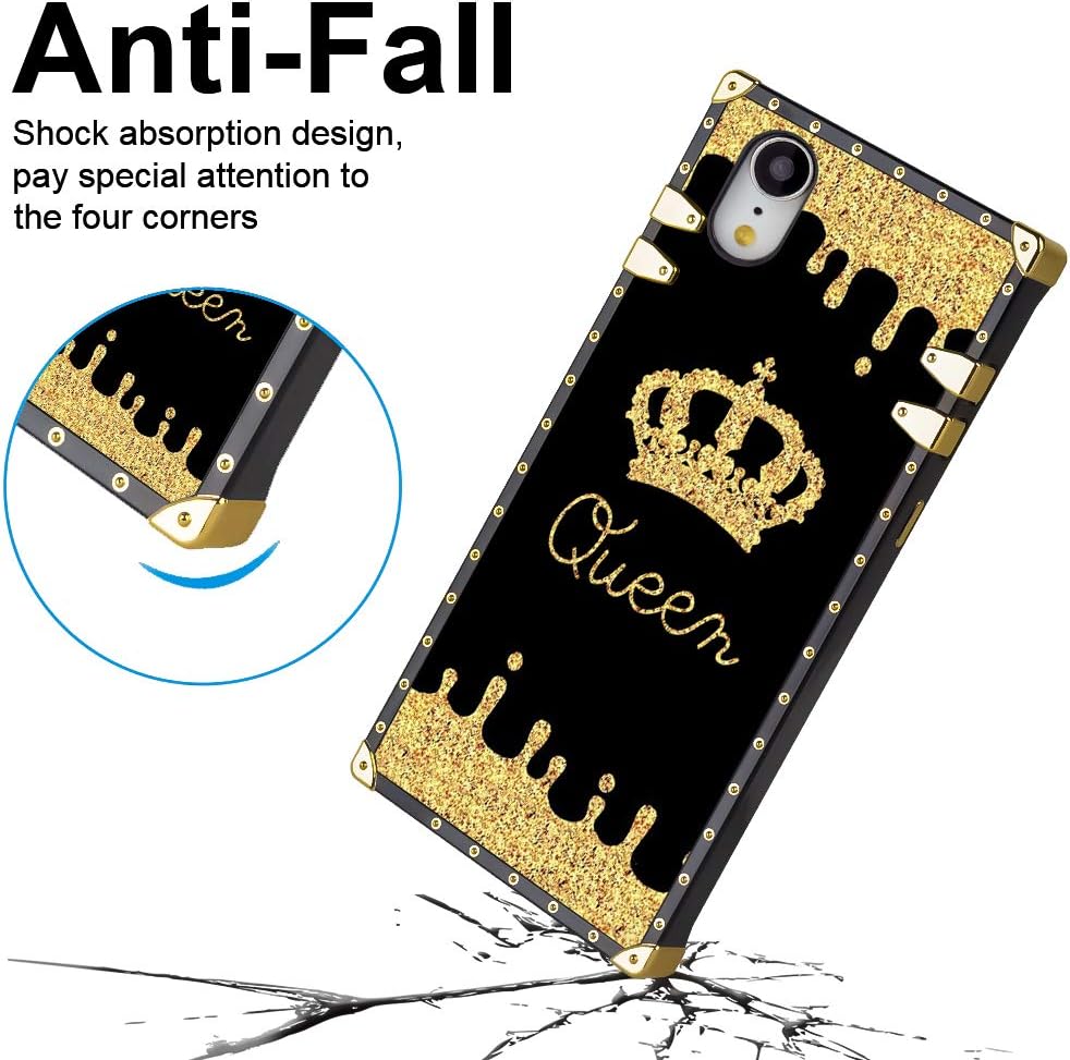 Fiyart Designed for iPhone Xr Case Luxury Queen Golden Crown Gold Glitter Square Soft TPU Wrapped Edges and Hard PC Back Stylish Classic Retro Case 6.1 inch