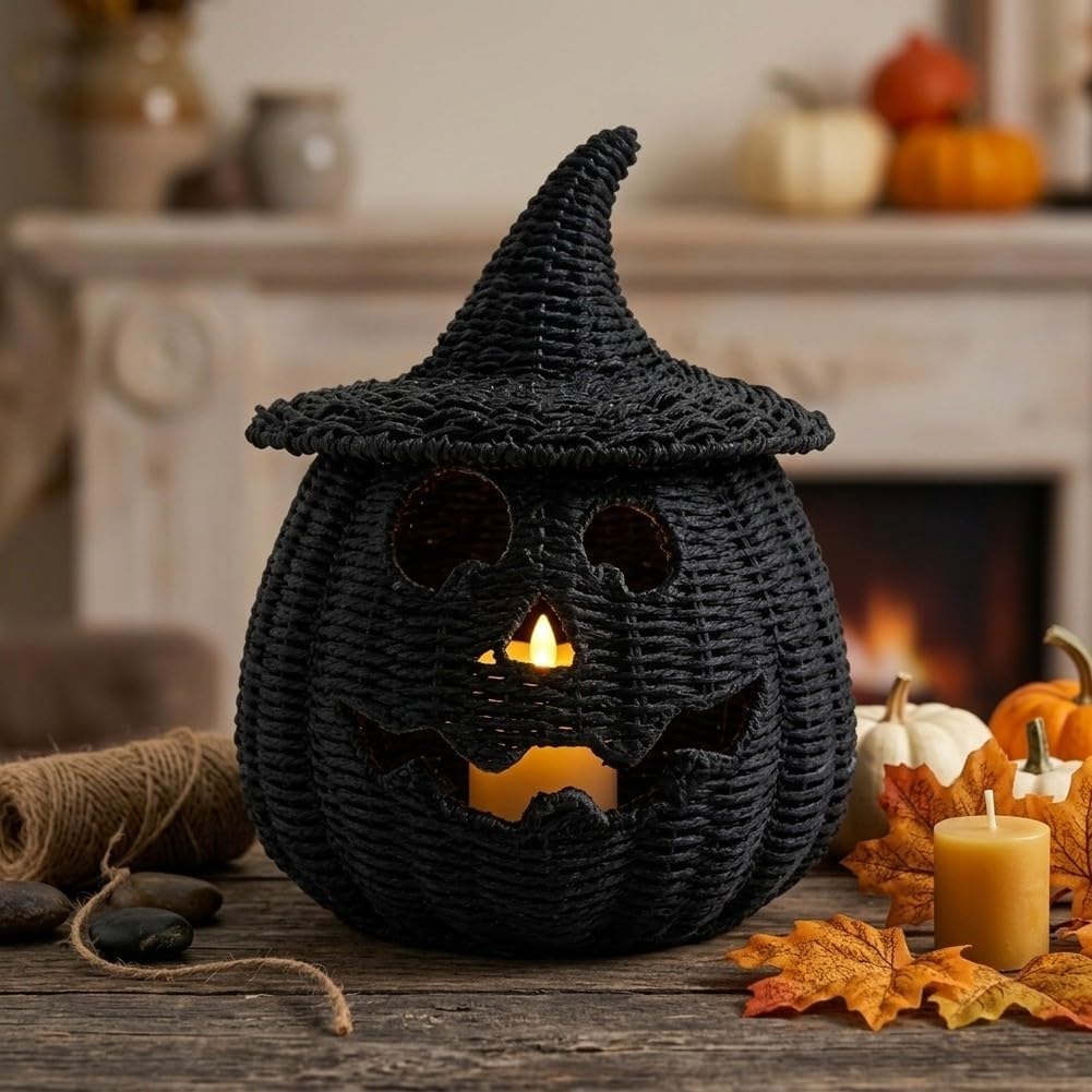 Lanterna di Halloween in tessuto di paglia con Jack-o-Lantern (zucca