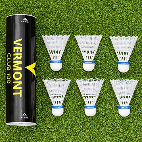 Vermont Club 100 Badminton Shuttlecocks Set | 77/78/79 Speed | Cork Tip & Synthetic Skirt Shuttlecock | Club & Fun Play | High Visibility Yellow or White | 6 Pack (Speed 78 (Medium), White)