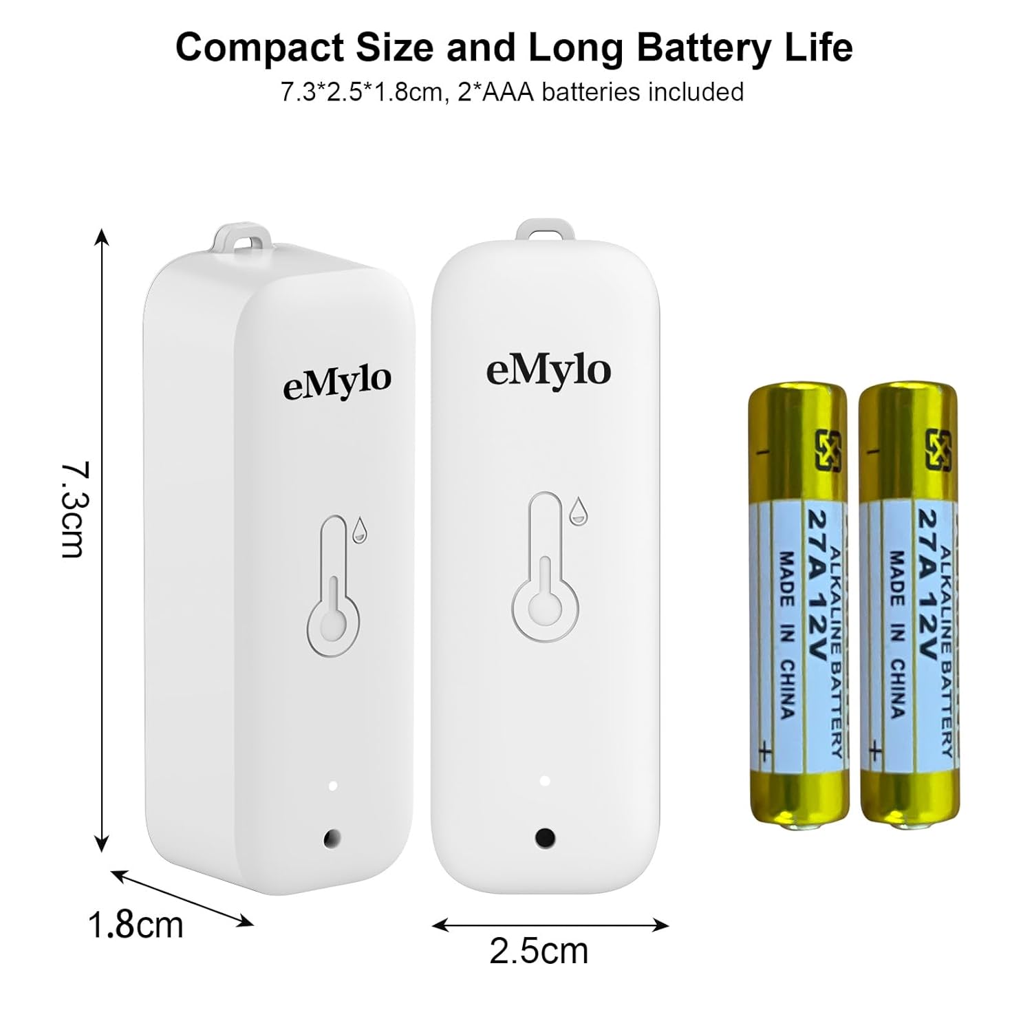 eMylo CSAG333 WiFi Temperature and Humidity Sensor dimensions and battery
