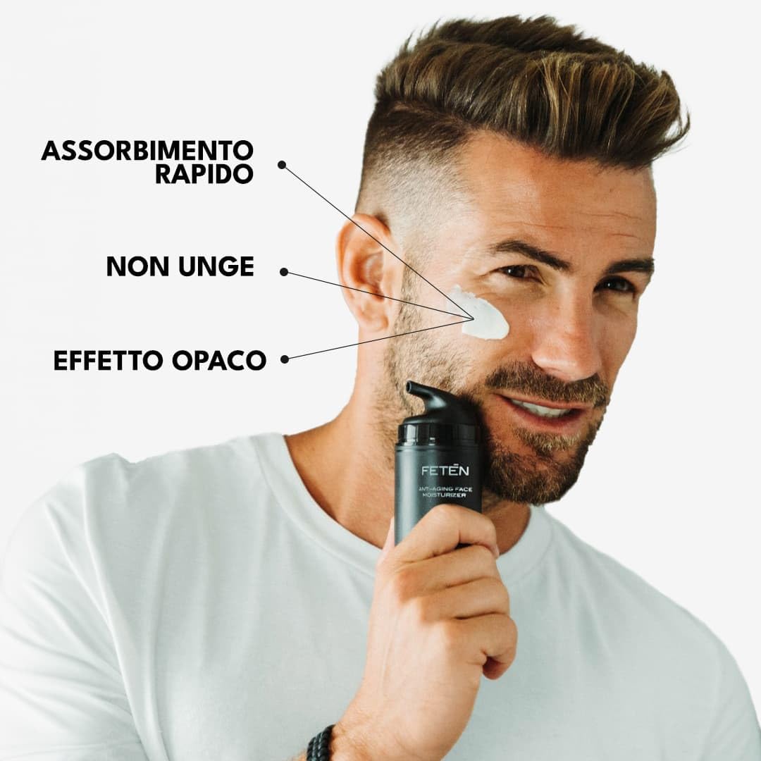 FETEN Crema Viso Uomo – Crema Idratante Antirughe con Acido Ialuronico – Effetto Anti-Età e Opacizzante – Cura del Viso Giorno & Notte – Skincare Uomo Antiacne 50ml (Confezione da 2)