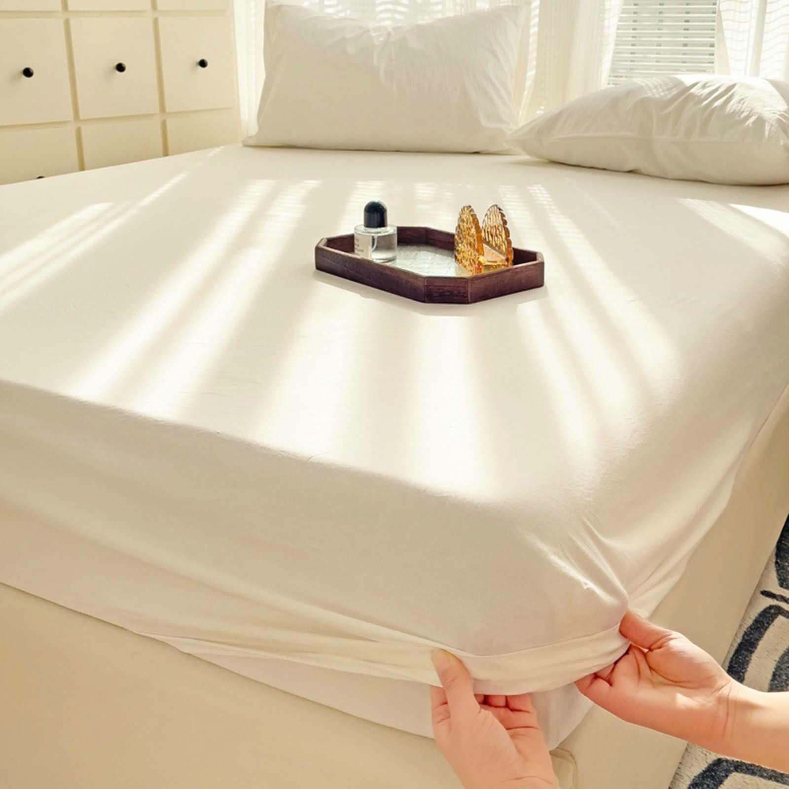 Betttuch 120x200cm rutschfest, Spannbettlaken Wasserbett Einfarbig, Faltenresistent Ausbleichen Polyester Baumwolle Tagesdecken Weiß für Boxspringbett
