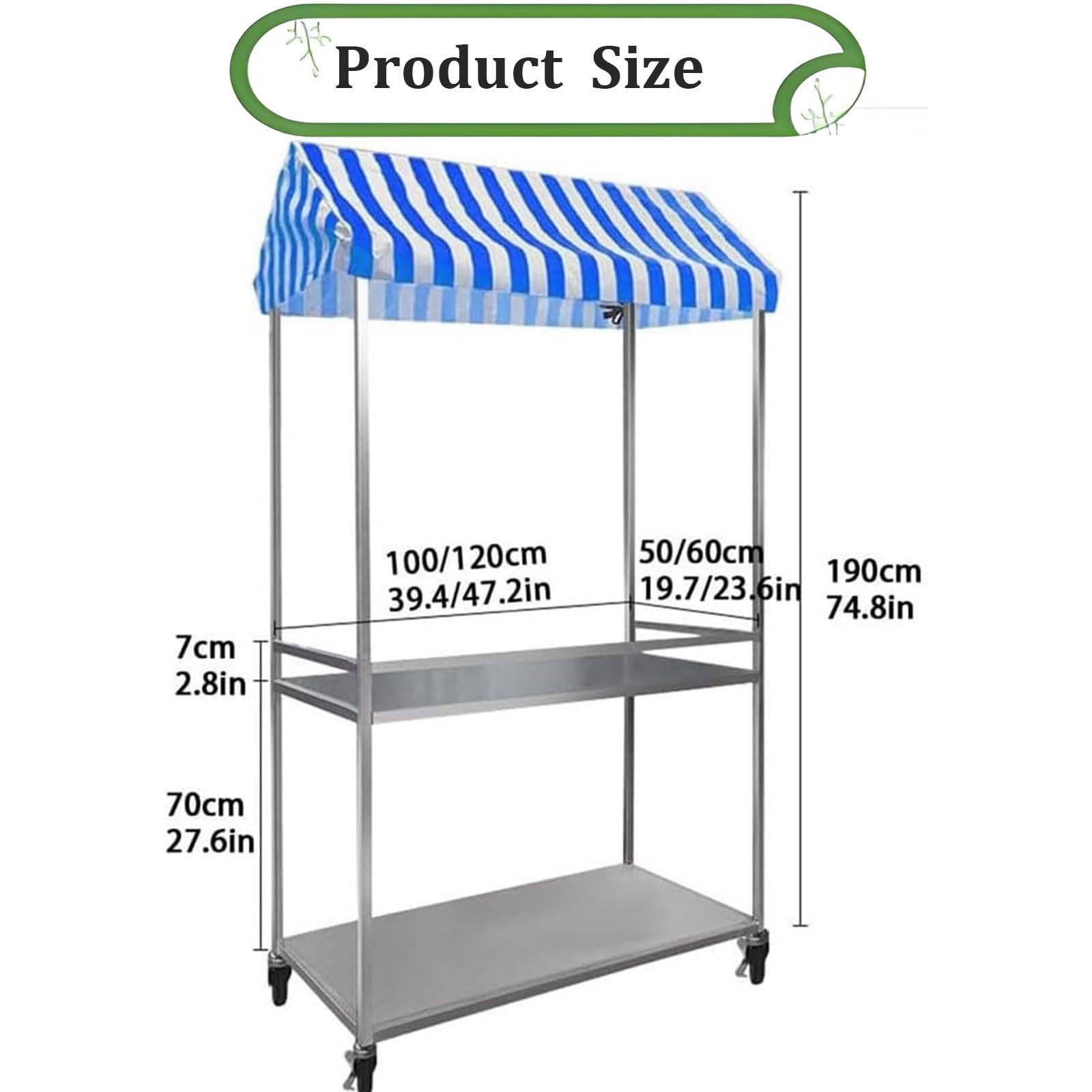 Carrello per catering mobile pieghevole in metallo, espositore per bancarelle di mercato portatile a 2 livelli, carrello per stand di concessioni alimentari con ombrellone e ruote Orange-100*50cm
