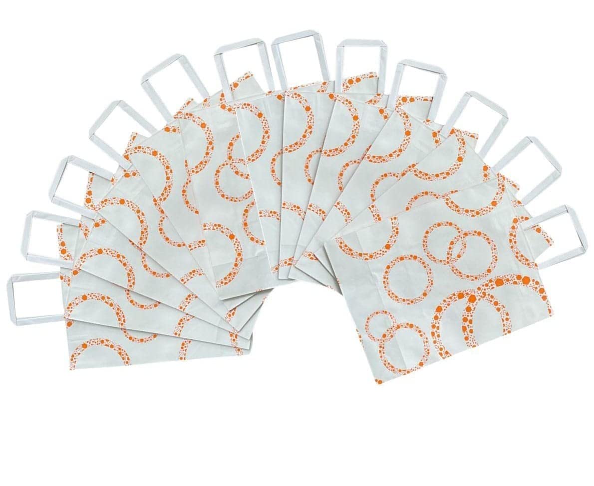 ARABETOO 12 Pcs Paper Party Bags, Kraft Paper Bag, Large Gift Bags with Handle 26x12x33cm for Birthday Bride Wedding Hen Party Kids Tea Party Celebrations Party Favour (Orange Circle)