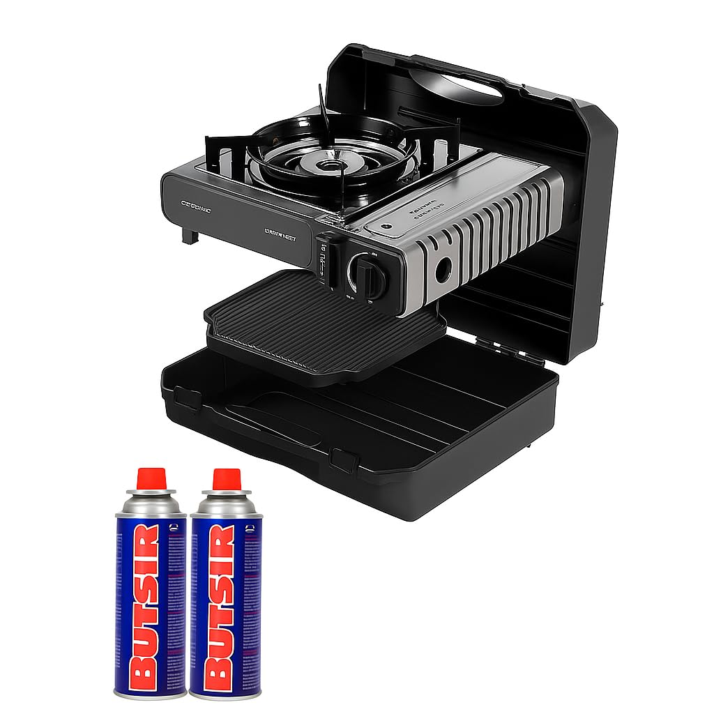 FYSHOP | Pack Camp Bistro 3 Combo Hornillo y Plancha + 2 botes de gas | Hornillo Camping de 1 Quemador | Cocina portátil compacta para Exteriores