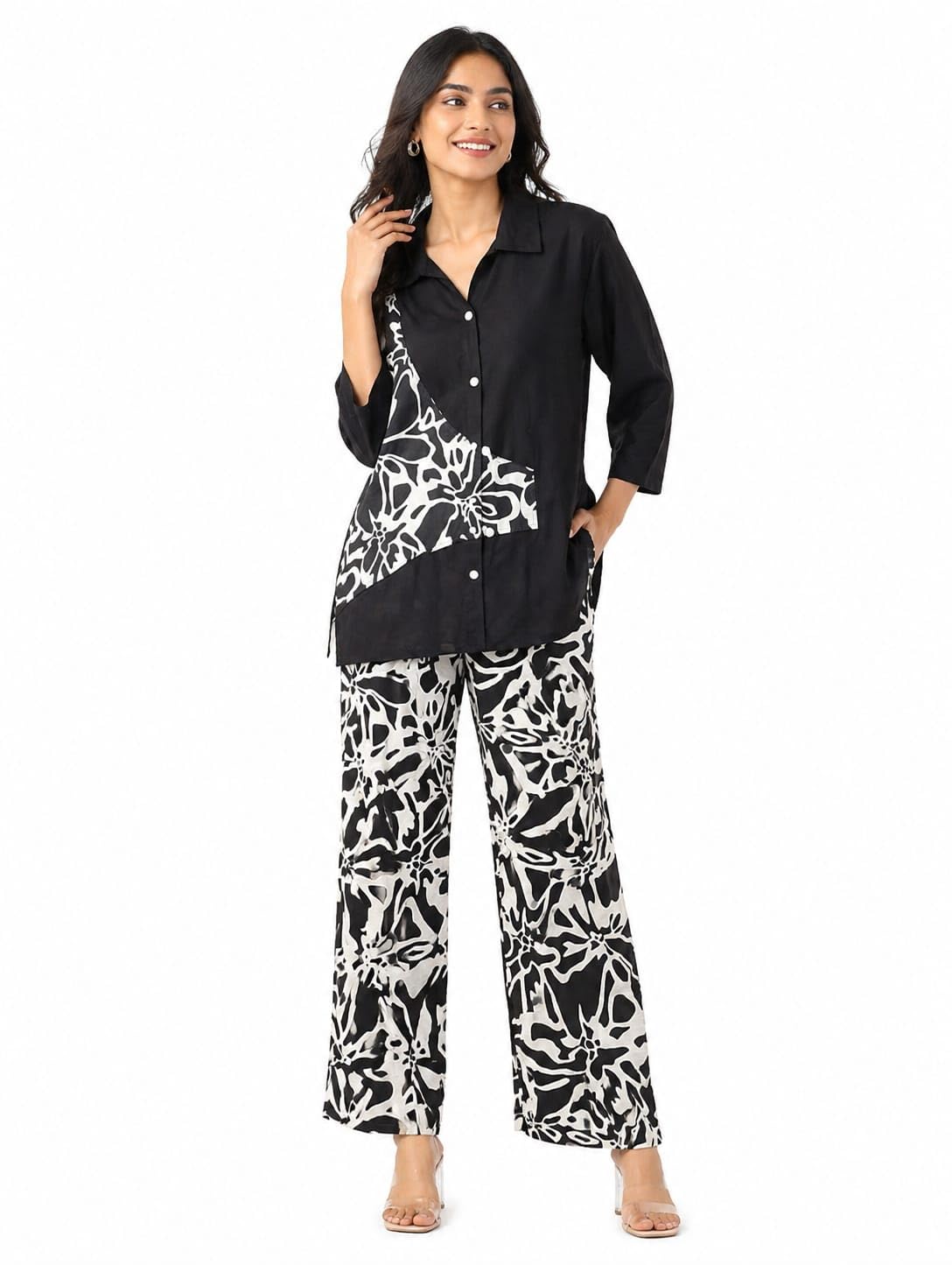 Women's Pure Cotton Co-Ord Set, Black and White Floral Print, Button-Up Shirt with Wide-Leg Trousers-picture-45