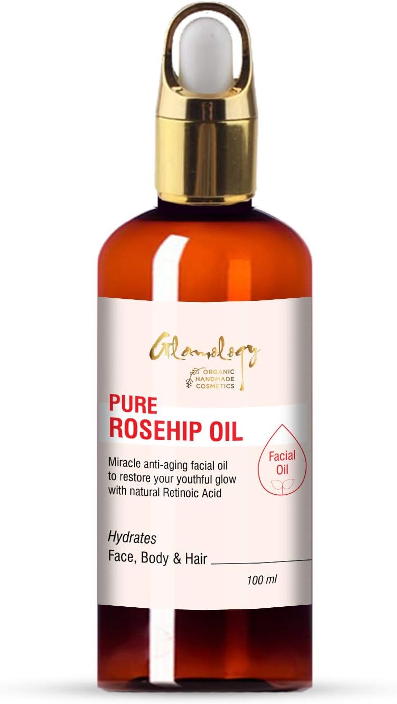 Glamology Organic Rosehip Oil 100% Pure Unrefined Organic Cold Pressed Virgin Rosehip Seed Oil - Best for Hair, Skin, Face & Nails & Great for Anti-Aging, Wrinkles, Acne Scars (100 ml)