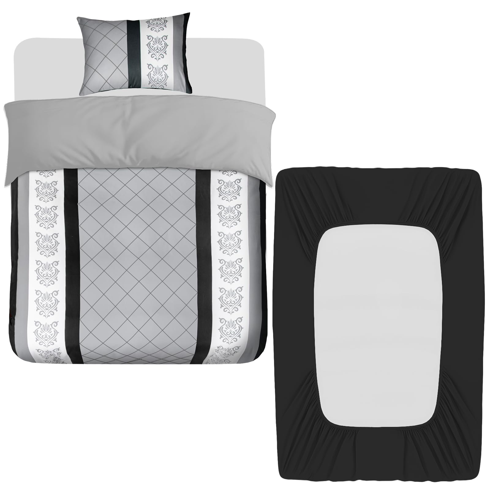 Lazzaro 3 Pcs Single Duvet Cover Set including Matching Black Single Fitted Sheet 40 cm Extra Deep Pocket
