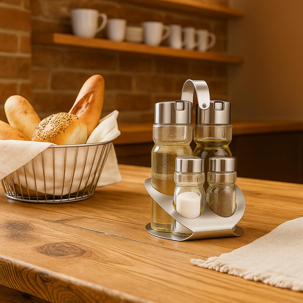 MGE - Set Olio e Aceto con Sale e Pepe - 4 Pezzi con Supporto in Acciaio Inox - Bottiglie in Vetro Ricaricabili Antigoccia - Elegante per Cucina e Tavola