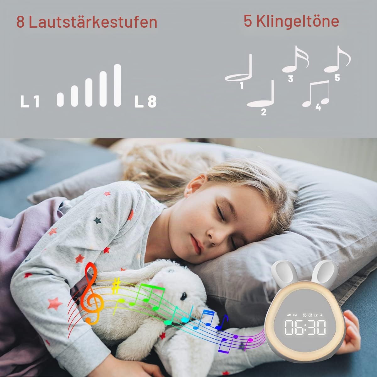 Niedlicher Hasen-Wecker für Kinder, digitaler Wecker mit Nachtlicht und Touch-Steuerung, Schlummerwecker, einstellbare Lautstärke und Helligkeit, Schlaftrainer-Uhren für Kinder, Kleinkinder,