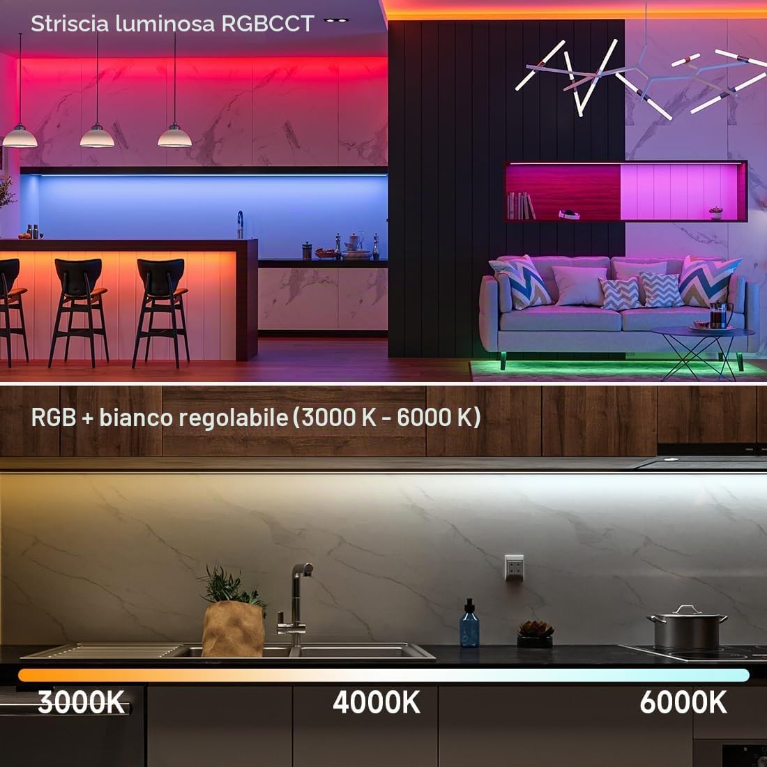 FCOB COB RGBCCT Striscia LED RGB+Bianco regolabile 3000K-6000K 5M 840LEDs/m | DC24V IP30 CRI90+ Flessibile Alta densità Cambio di colore sintonizzabile dimmerabile per DIY(non alimentazione Controllore)