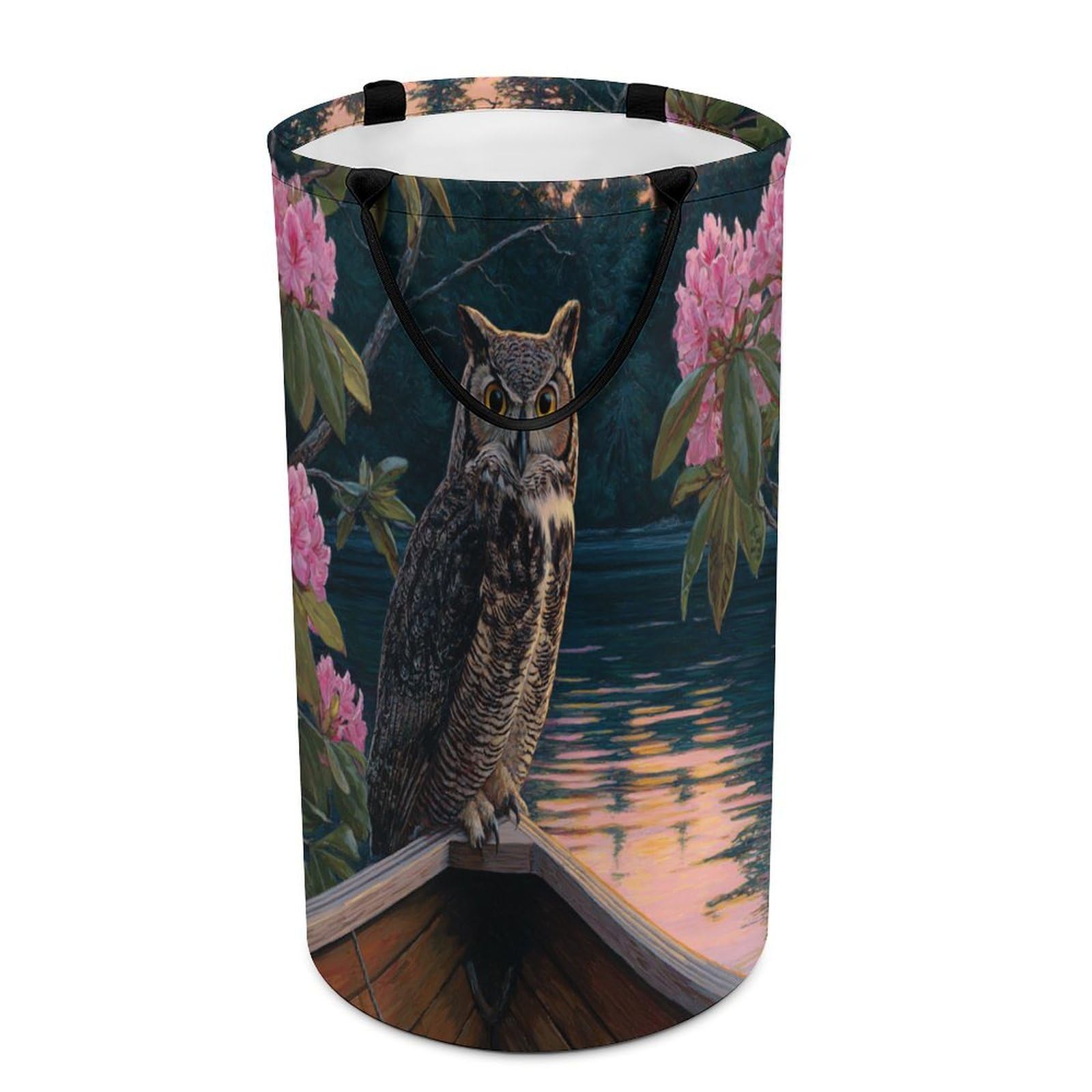 LUYYSKY Rustic Realistic Animal Owl Versatile Storage Laundry Basket, Retro Oil Painting Natural Lake Landscape Floral Owl Pattern Large Capacity Bathroom Hamper With Handle