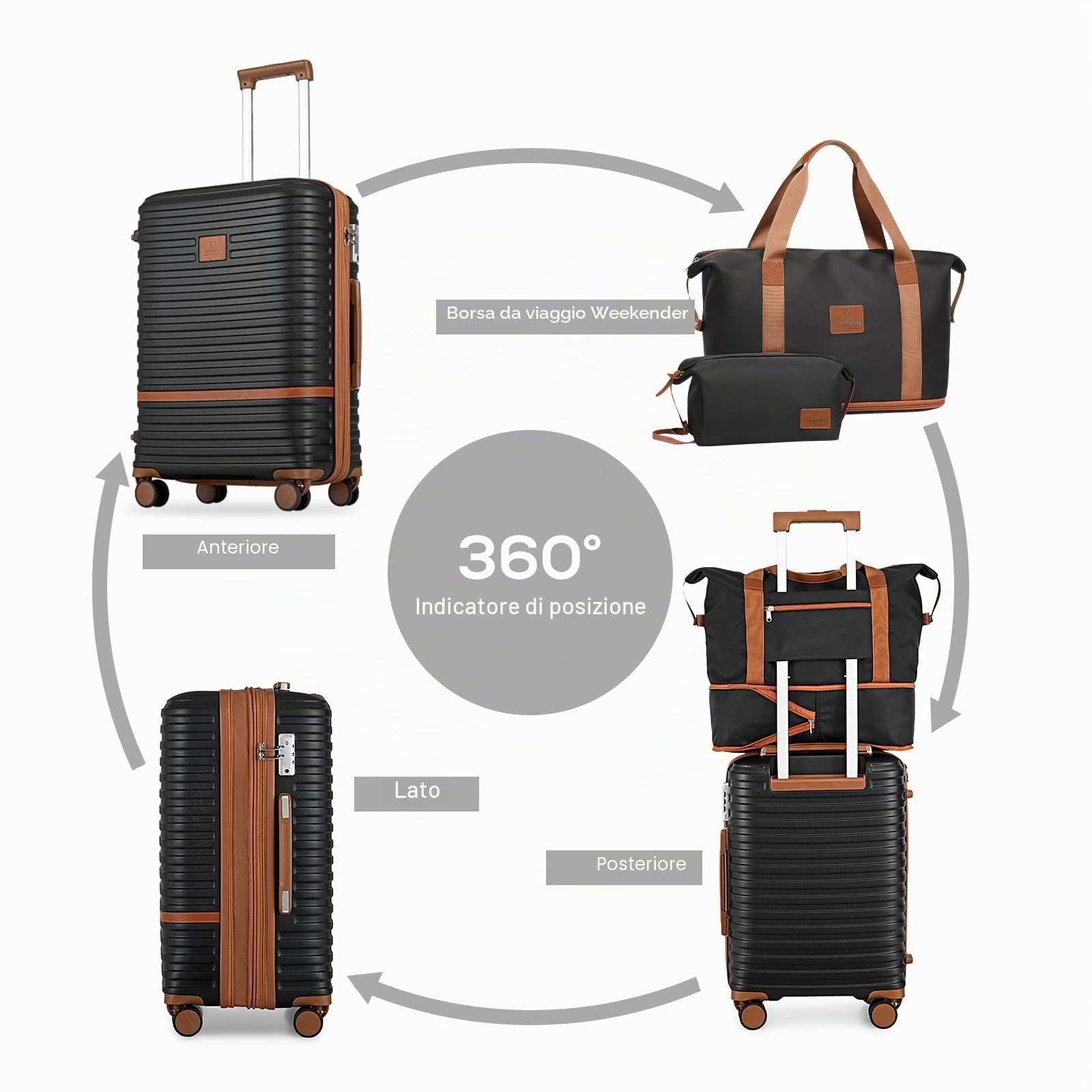 Joyway Set Valigie 6 pezzi guscio rigido ABS 4 ruote, serratura TSA, Nero | Astuccio cosmetici, borsa viaggio espandibile, borsa toilette inclusi. Valigia espandibile, cerniere YKK, ruote doppie 360°