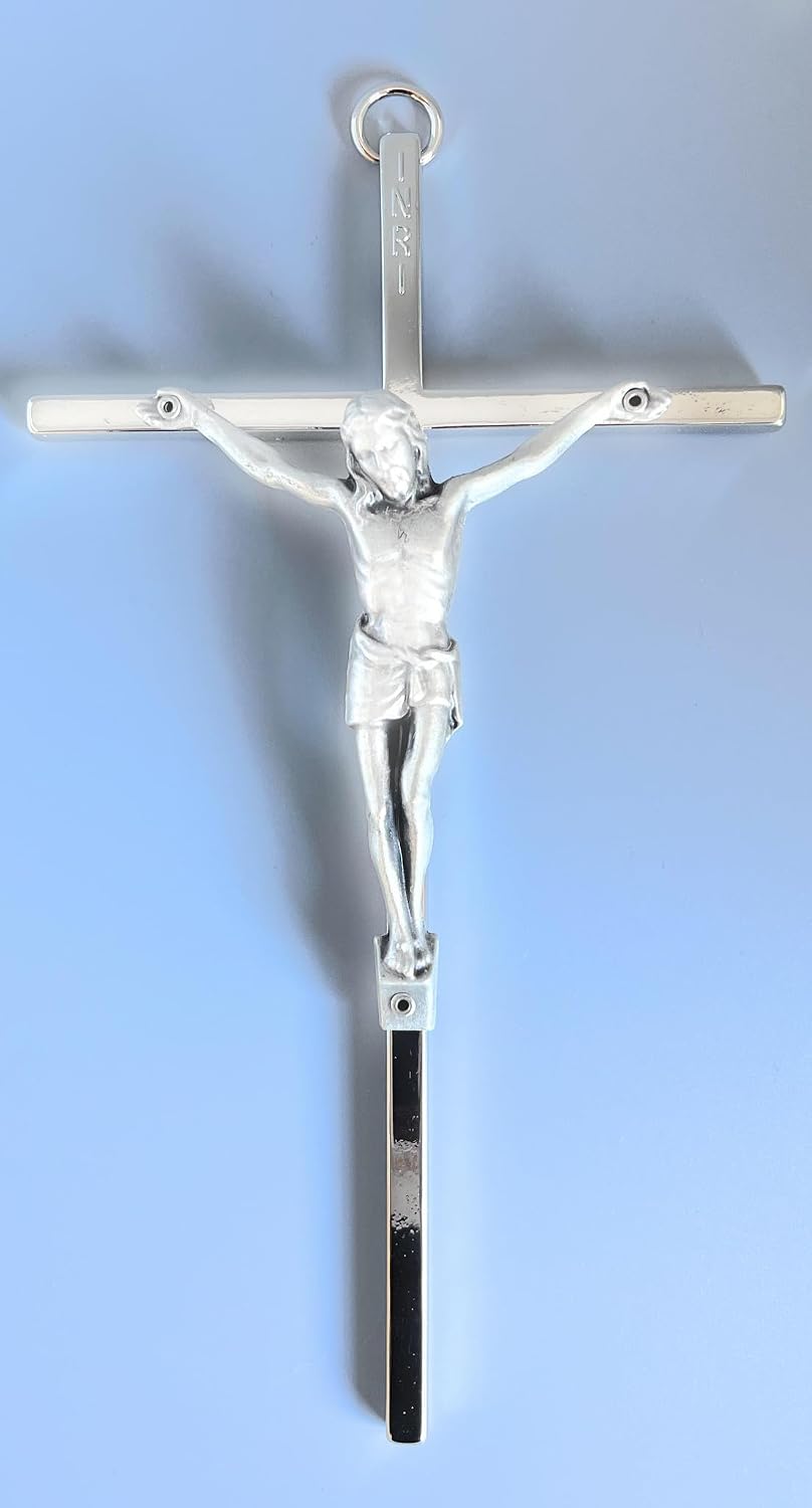 Crucifix Wall Cross - Metal Silver Cross Wall Decor - Catholic Crucifix -Crucifix Cross For All occasions Traditional Christmas Easter Gifts Services Sacramentals Communion Confirmation MADE IN ITALY Silver Metal 8X4 Inches