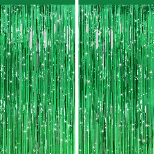 Image of 2 Pack Green Streamers Backdrop Jungle Party Decorations Green Foil Fringe Backdrop Curtains Photo Booth Backdrop for Birthday Dinosaur Animal St Patrick's Day Football Xmas Graduation Party Decors