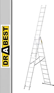 DRABEST - Home - Aluminium-Leiter - 3x11 Sprossen - Max. 5,64 m lang - Max. Arbeitshöhe 6,55 m - bis 150 kg - 3-teilig - Mehrzweck-, Steh-, Auszieh- Klappleiter - rutschfest - Verstellbar