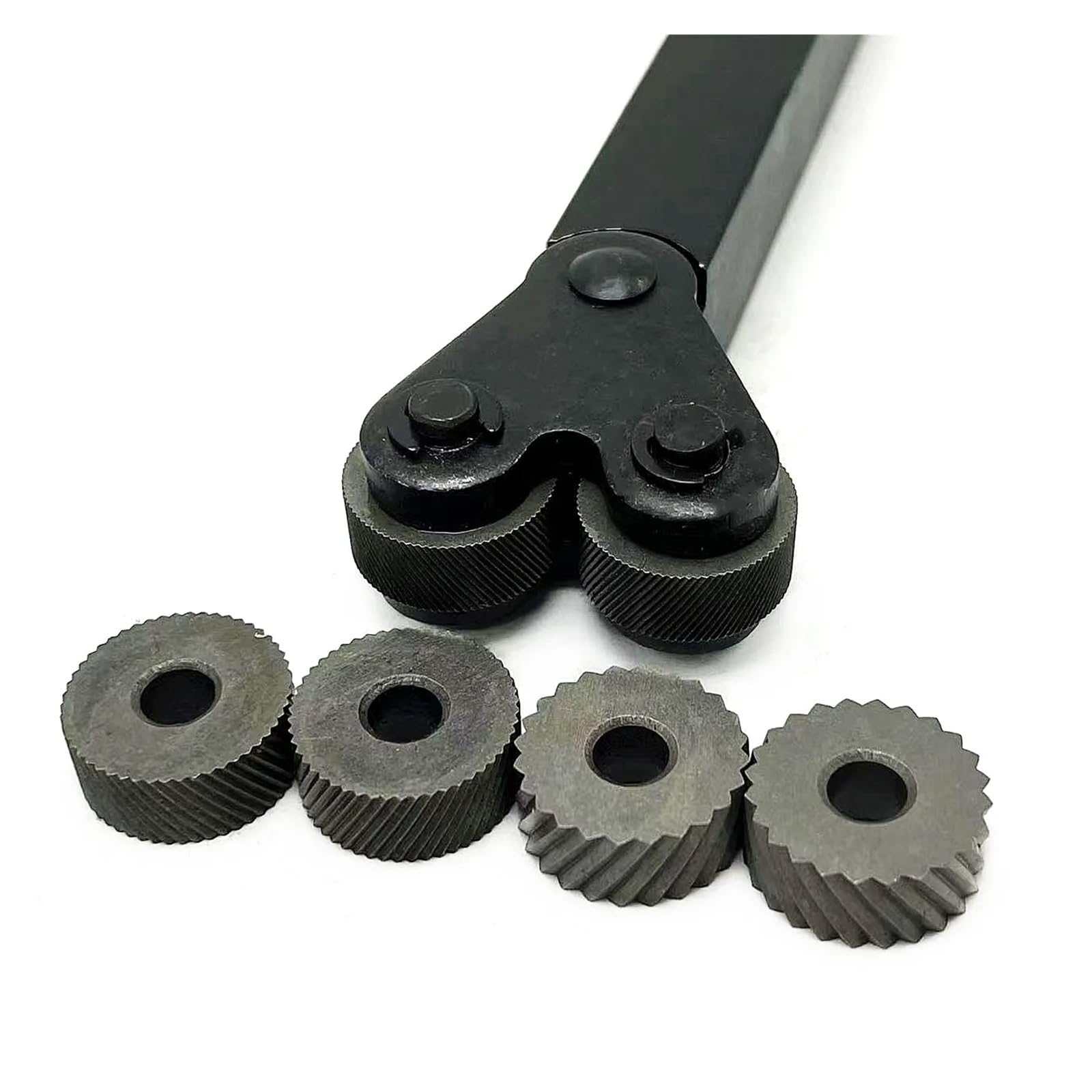 Narzędzie do radełkowania, Zestaw 7 kółek radełkowanych HSS z otworem wewnętrznym 0,6/1/2,0 mm i stalowym uchwytem do tokarki 16 mm x 18 mm