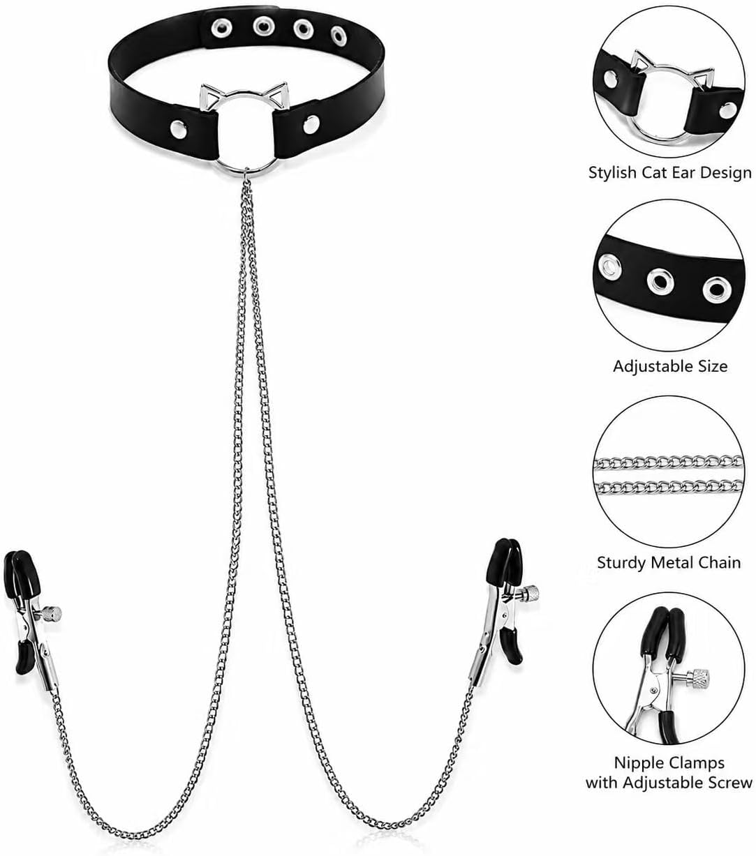 Cat Ear Choker Necklace with Adjustable Chain Clamps, PU Leather Collar for Women, Gothic Punk Cosplay Accessories, Adjustable O-Ring Choker Jewelry for Parties, Festivals and Costume Events