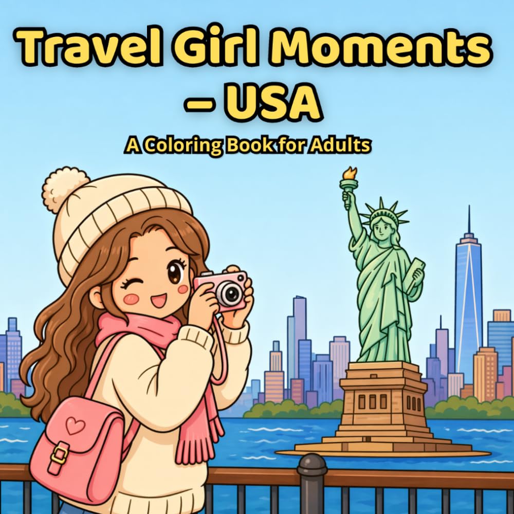 Travel Girl Moments – USA: A Coloring Book for Adults with Cozy Travel Scenes, Cute Girl Vibes, Kawaii Moments, and Dreamy USA Adventures (Travel Girl Moments – Around the World)