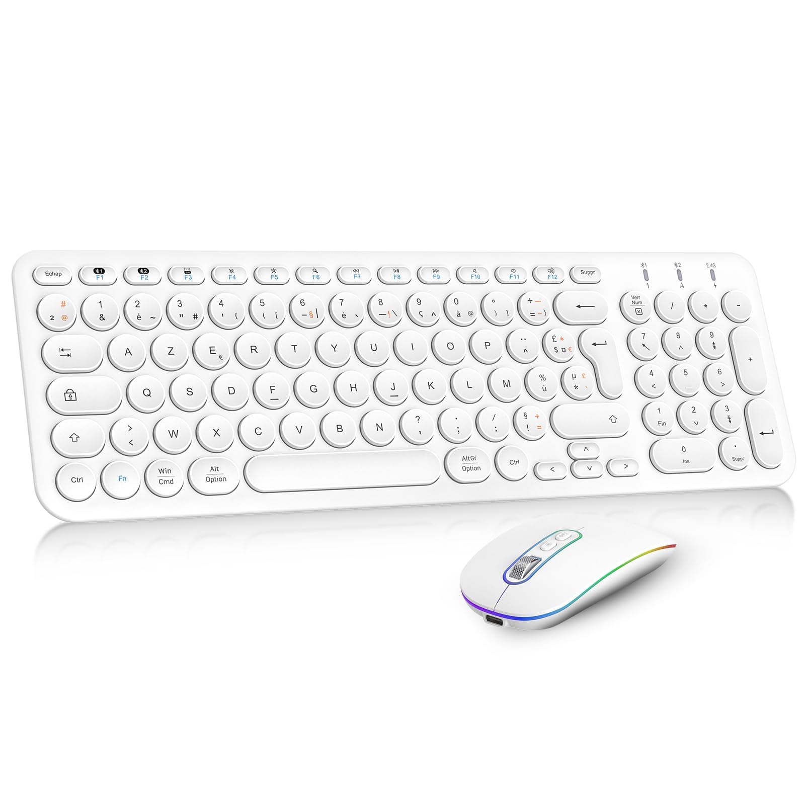 Cimetech Ensemble Clavier Souris sans Fil Rechargeable Multidispositifs (2,4 GHz+BT1+BT2), Combo Clavier Français et Souris avec Pavé Numérique pour Wins/Linux/MacOS (Blanc)