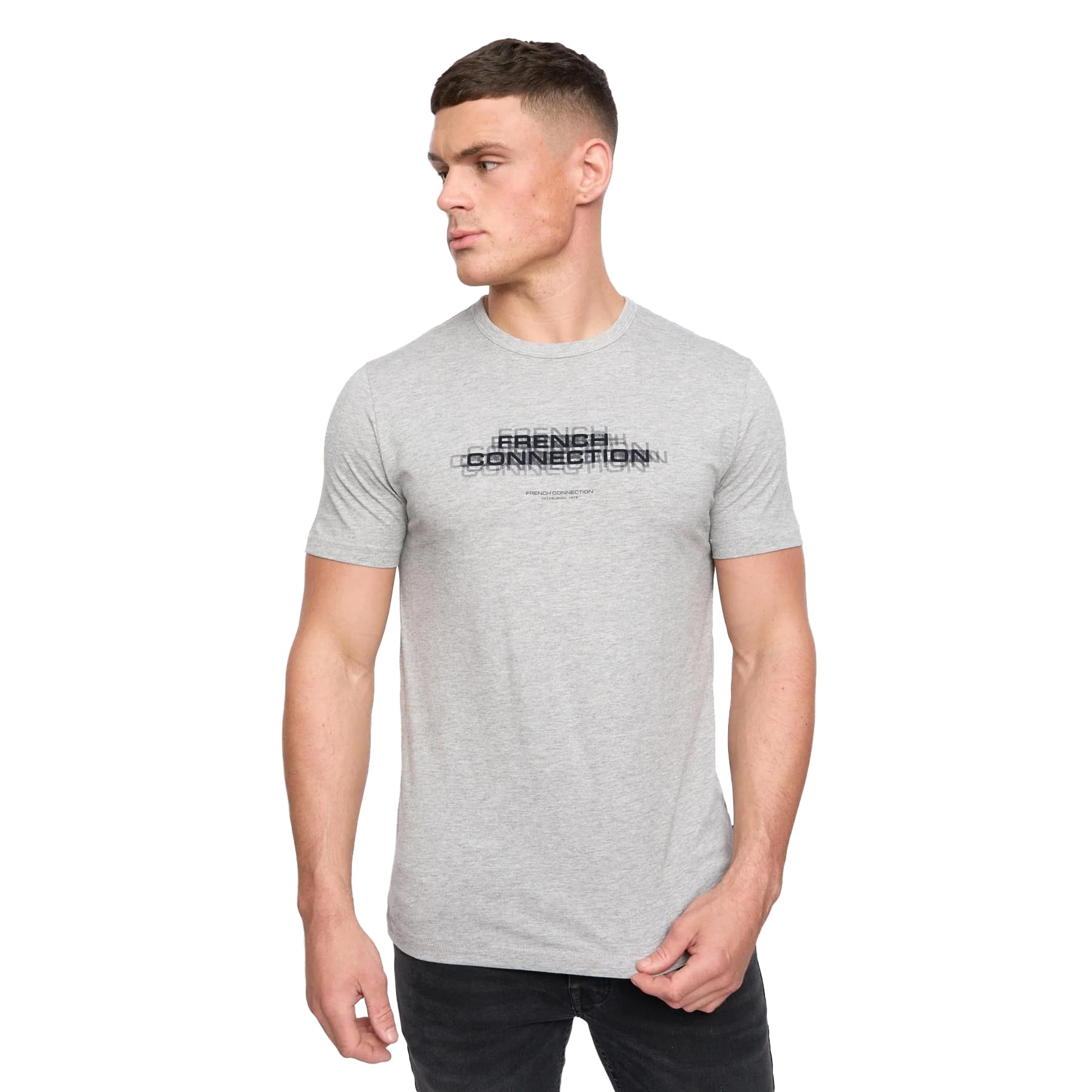 French Connection Men's Light Grey/Marine Double Logo T-Shirt L