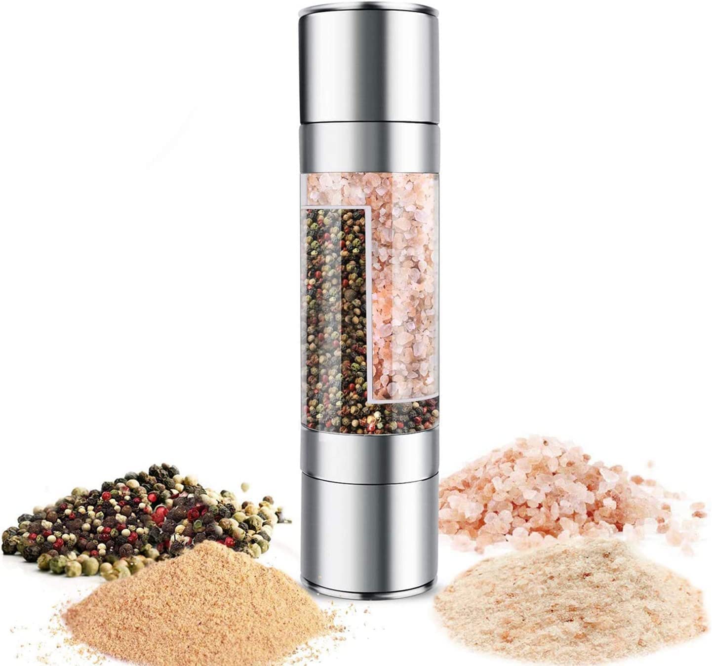 VALAMJI Stainless Steel Glass Body 2 in 1 Salt and Paper Grinder with Adjustable Ceramic Manual Spice Mill Crusher for Kitchen Tool (Silver - 1PCS)-image-33