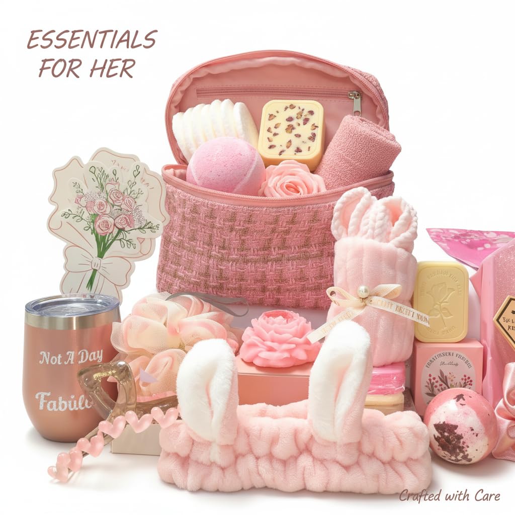 17 Pcs valentines day gifts Luxury Women Self Care Gift Basket with Mini Suitcase, Spa Care Package for Her Travel, Birthday Valentines Get Well Soon Gifts for Mom Wife Sister Friends Grandma，