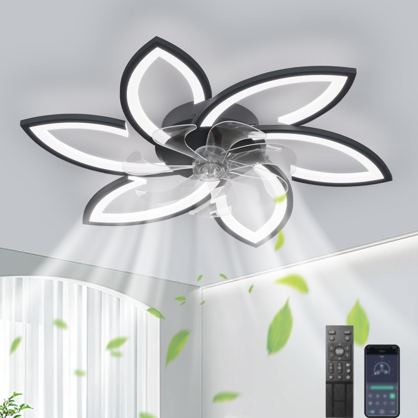 HXYSXHJUO Slient Ceiling Fans with Lights and Remote, Modern Led Fan for Bedroom, Dimmable Ceilings Lamps, Chandelier Fan, 30'' 3 Colour Temperatures, 6 Wind Speeds